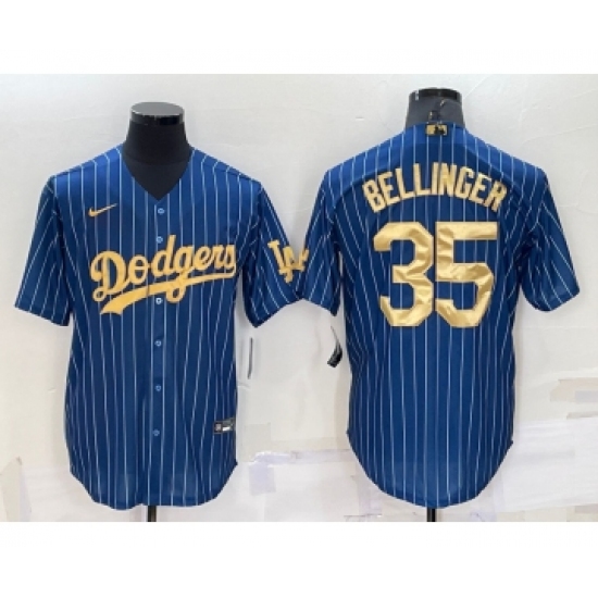 Men's Los Angeles Dodgers 35 Cody Bellinger Navy Blue Gold Pinstripe Stitched MLB Cool Base Nike Jersey