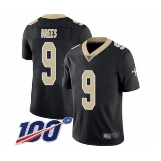 Men's New Orleans Saints 9 Drew Brees Black Team Color Vapor Untouchable Limited Player 100th Season Football Jersey