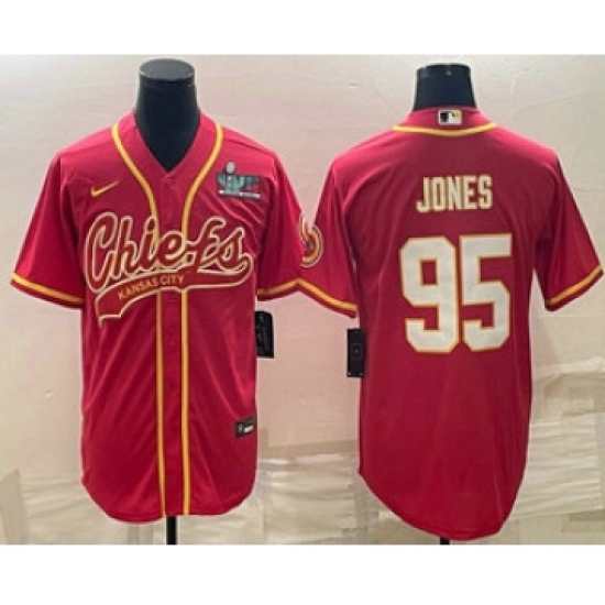 Men's Kansas City Chiefs 95 Chris Jones Red With Super Bowl LVII Patch Cool Base Stitched Baseball Jersey