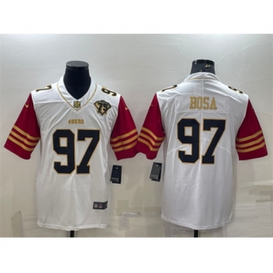 Men's San Francisco 49ers 97 Nick Bosa White Gold Edition With 75TH Patch Limited Stitched Football Jersey