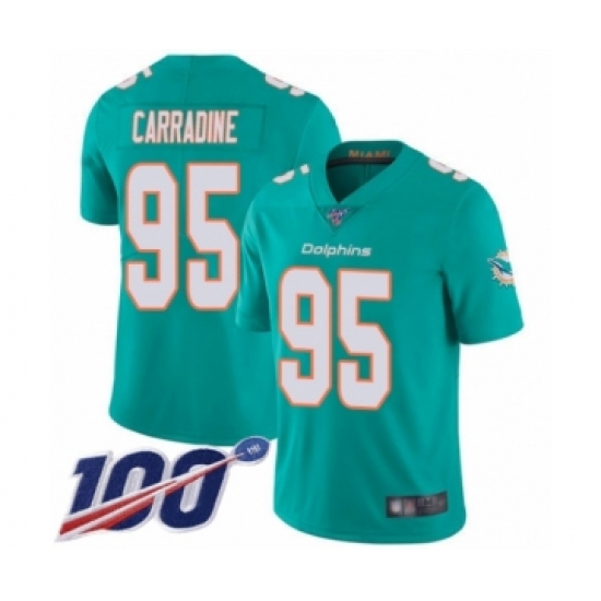 Men's Miami Dolphins 95 Tank Carradine Aqua Green Team Color Vapor Untouchable Limited Player 100th Season Football Jersey