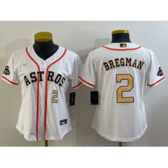 Women's Houston Astros 2 Alex Bregman Number 2023 White Gold World Serise Champions Cool Base Stitched Jerseys
