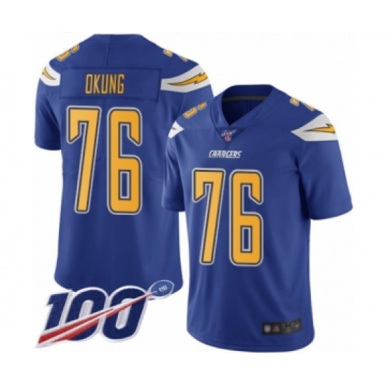 Men's Los Angeles Chargers 76 Russell Okung Limited Electric Blue Rush Vapor Untouchable 100th Season Football Jersey