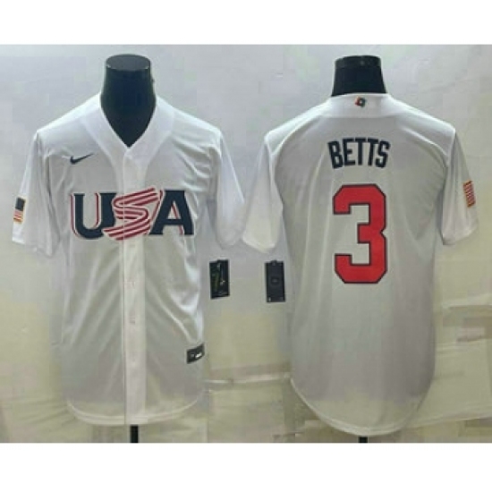 Men's USA Baseball 3 Mookie Betts 2023 White World Baseball Classic Replica Stitched Jersey
