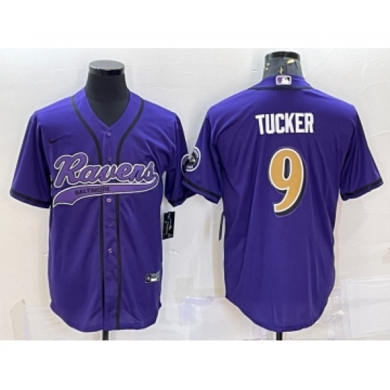 Men's Baltimore Ravens 9 Justin Tucker Purple Gold With Patch Cool Base Stitched Baseball Jersey