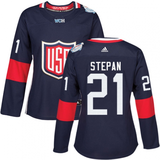 Women's Adidas Team USA 21 Derek Stepan Premier Navy Blue Away 2016 World Cup Hockey Jersey