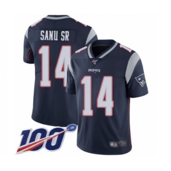 Men's New England Patriots 14 Mohamed Sanu Sr Navy Blue Team Color Vapor Untouchable Limited Player 100th Season Football Jersey