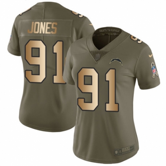 Women's Nike Los Angeles Chargers 91 Justin Jones Limited Olive/Gold 2017 Salute to Service NFL Jersey