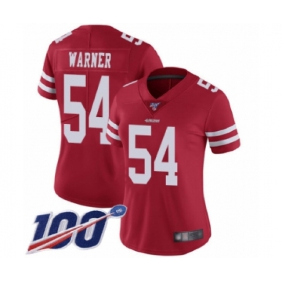 Women's San Francisco 49ers 54 Fred Warner Red Team Color Vapor Untouchable Limited Player 100th Season Football Jersey