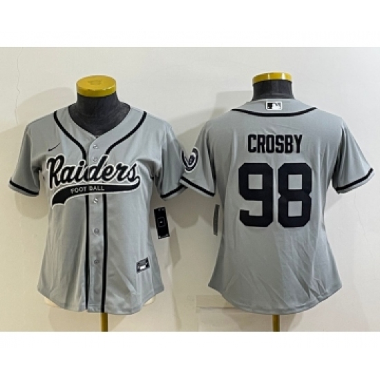 Women's Las Vegas Raiders 98 Maxx Crosby Grey With Patch Cool Base Stitched Baseball Jersey