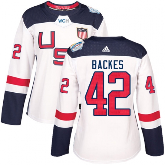 Women's Adidas Team USA 42 David Backes Premier White Home 2016 World Cup Hockey Jersey