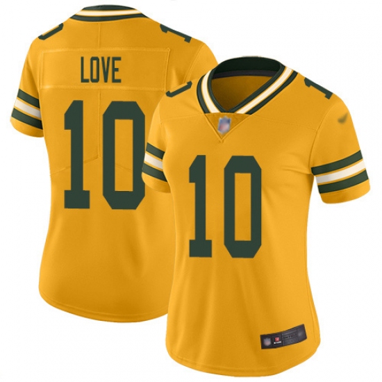 Women's Green Bay Packers 10 Jordan Love Gold Stitched NFL Limited Inverted Legend Jersey