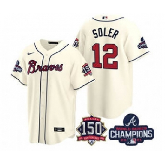 Men's Atlanta Braves 12 Jorge Soler 2021 Cream World Series Champions With 150th Anniversary Patch Cool Base Stitched Jersey