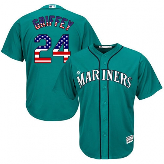 Men's Majestic Seattle Mariners 24 Ken Griffey Authentic Teal Green USA Flag Fashion MLB Jersey