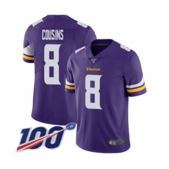 Men's Minnesota Vikings 8 Kirk Cousins Purple Team Color Vapor Untouchable Limited Player 100th Season Football Jersey