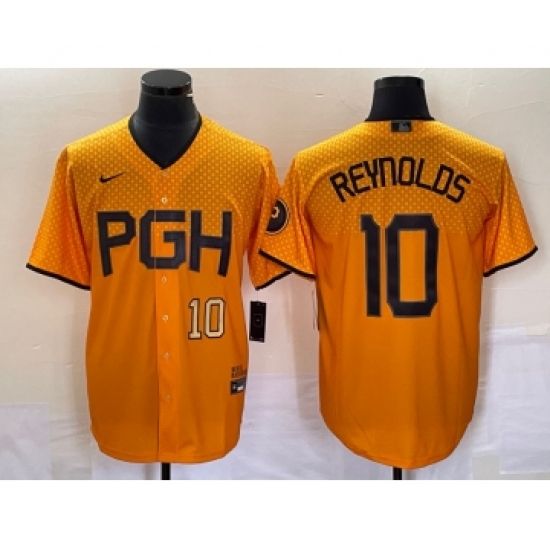 Men's Nike Pittsburgh Pirates 10 Bryan Reynolds Number Gold 2023 City Connect Stitched Jersey2