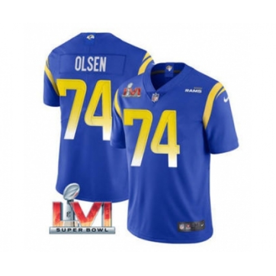 Men's Los Angeles Rams 74 Merlin Olsen Royal 2022 Super Bowl LVI Vapor Limited Stitched Jersey