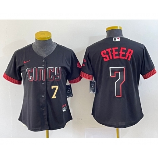Women's Nike Cincinnati Reds 7 Spencer Steer Numer Black 2023 City Connect Cool Base Stitched Baseball Jersey