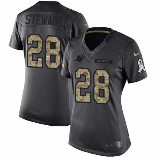 Women's Nike Carolina Panthers 28 Jonathan Stewart Limited Black 2016 Salute to Service NFL Jersey