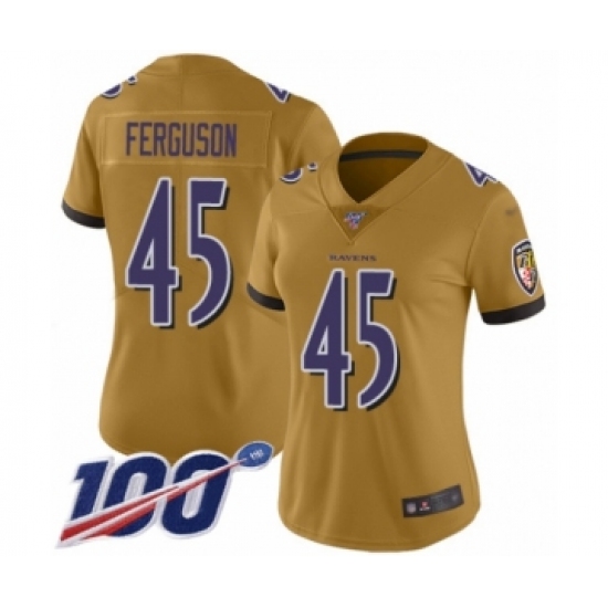 Women's Baltimore Ravens 45 Jaylon Ferguson Limited Gold Inverted Legend 100th Season Football Jersey
