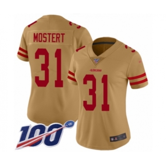 Women's San Francisco 49ers 31 Raheem Mostert Limited Gold Inverted Legend 100th Season Football Jersey