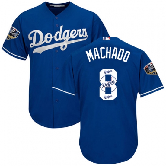 Men's Majestic Los Angeles Dodgers 8 Manny Machado Authentic Royal Blue Team Logo Fashion Cool Base 2018 World Series MLB Jersey