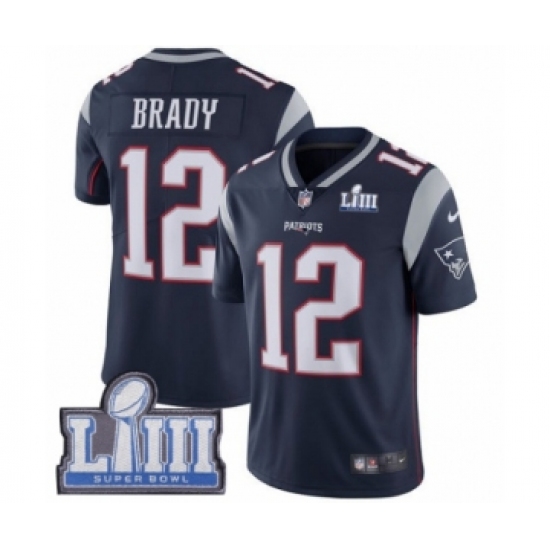 Men's Nike New England Patriots 12 Tom Brady Navy Blue Team Color Vapor Untouchable Limited Player Super Bowl LIII Bound NFL Jersey