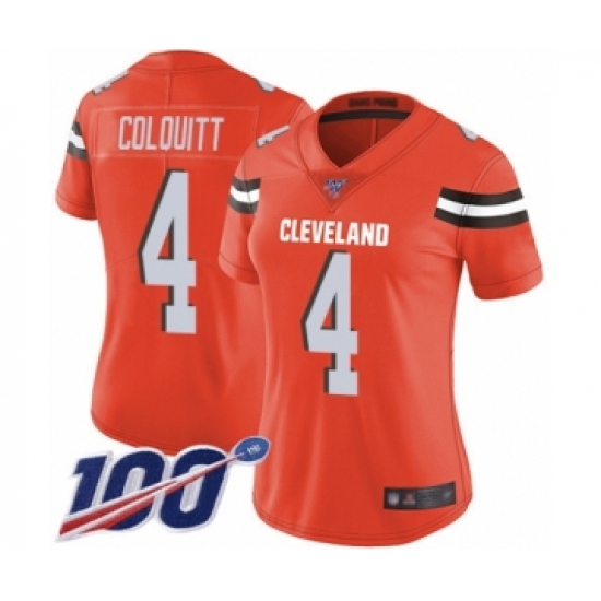 Women's Cleveland Browns 4 Britton Colquitt Orange Alternate Vapor Untouchable Limited Player 100th Season Football Jersey