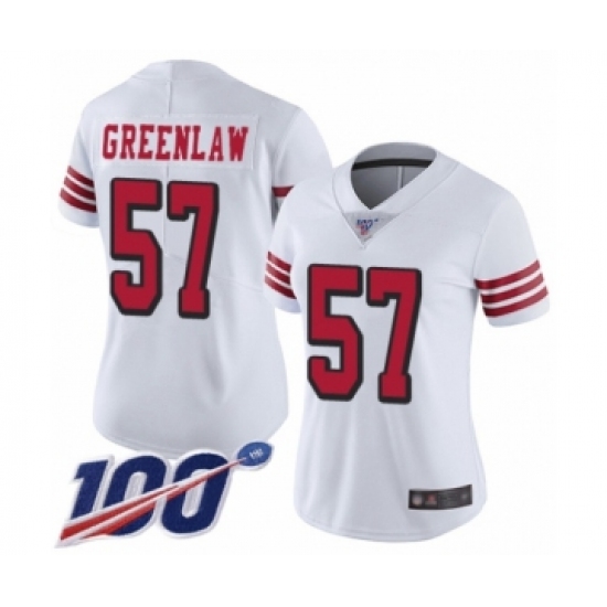Women's San Francisco 49ers 57 Dre Greenlaw Limited White Rush Vapor Untouchable 100th Season Football Jersey