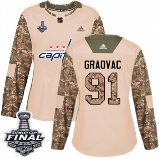 Women's Adidas Washington Capitals 91 Tyler Graovac Authentic Camo Veterans Day Practice 2018 Stanley Cup Final NHL Jersey