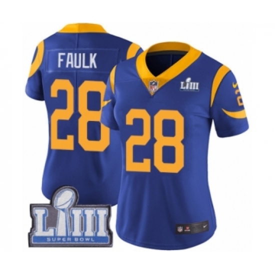 Women's Nike Los Angeles Rams 28 Marshall Faulk Royal Blue Alternate Vapor Untouchable Limited Player Super Bowl LIII Bound NFL Jersey