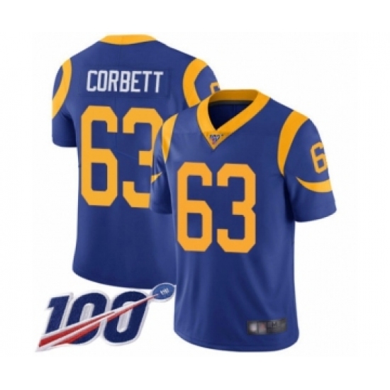 Youth Los Angeles Rams 63 Austin Corbett Royal Blue Alternate Vapor Untouchable Limited Player 100th Season Football Jersey