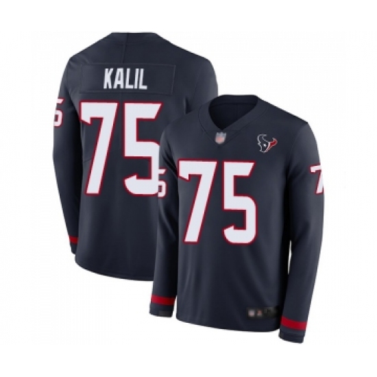 Men's Houston Texans 75 Matt Kalil Limited Navy Blue Therma Long Sleeve Football Jersey