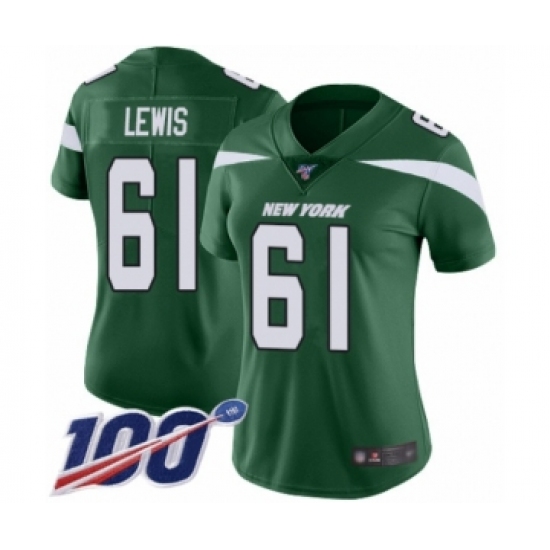 Women's New York Jets 61 Alex Lewis Green Team Color Vapor Untouchable Limited Player 100th Season Football Jersey