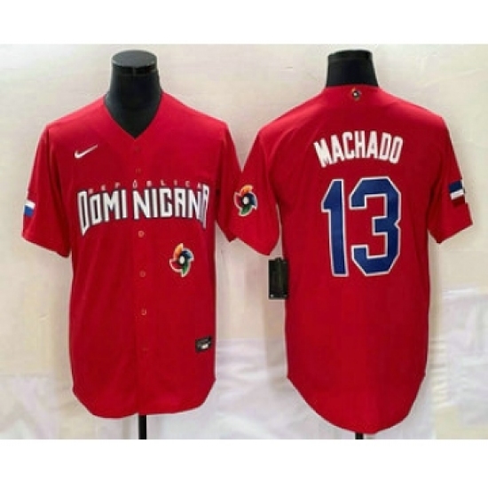 Men's Dominican Republic Baseball 13 Manny Machado 2023 Red World Classic Stitched Jersey