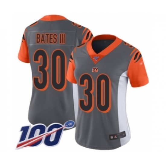 Women's Cincinnati Bengals 30 Jessie Bates III Limited Silver Inverted Legend 100th Season Football Jersey