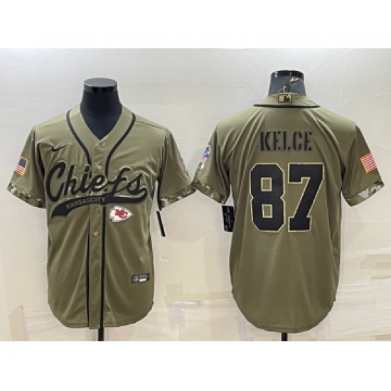 Men's Kansas City Chiefs 87 Travis Kelce 2022 Olive Salute to Service Cool Base Stitched Baseball Jersey