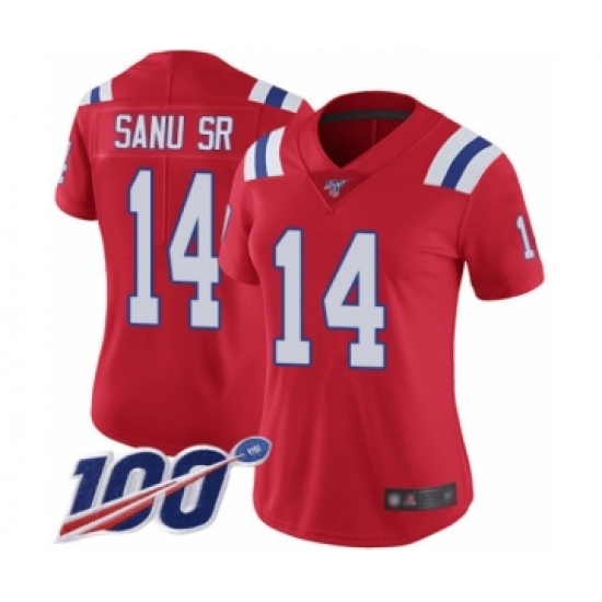 Women's New England Patriots 14 Mohamed Sanu Sr Red Alternate Vapor Untouchable Limited Player 100th Season Football Jersey