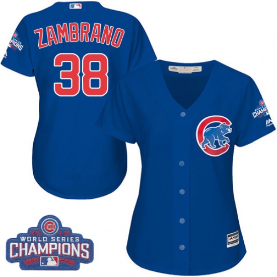 Women's Majestic Chicago Cubs 38 Carlos Zambrano Authentic Royal Blue Alternate 2016 World Series Champions Cool Base MLB Jersey