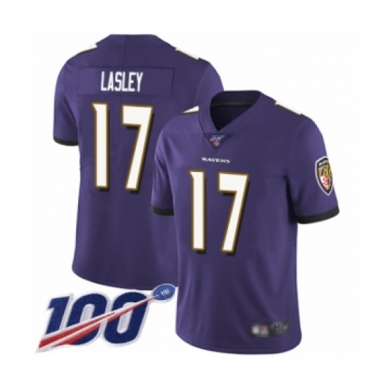 Men's Baltimore Ravens 17 Jordan Lasley Purple Team Color Vapor Untouchable Limited Player 100th Season Football Jersey