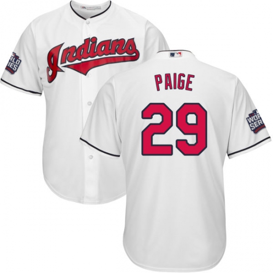 Youth Majestic Cleveland Indians 29 Satchel Paige Authentic White Home 2016 World Series Bound Cool Base MLB Jersey