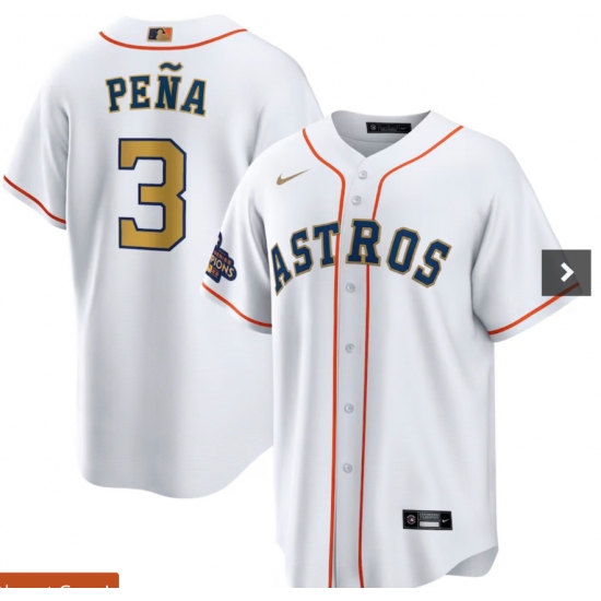 Men's Houston Astros 3 Jeremy Pena Nike White Gold 2023 Gold Collection Replica Player Jersey