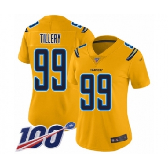 Women's Los Angeles Chargers 99 Jerry Tillery Limited Gold Inverted Legend 100th Season Football Jersey