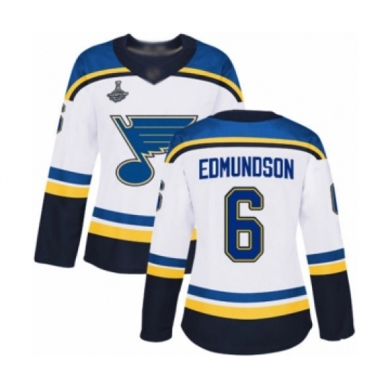 Women's St. Louis Blues 6 Joel Edmundson Authentic White Away 2019 Stanley Cup Champions Hockey Jersey