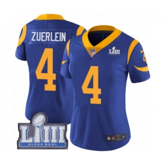 Women's Nike Los Angeles Rams 4 Greg Zuerlein Royal Blue Alternate Vapor Untouchable Limited Player Super Bowl LIII Bound NFL Jersey