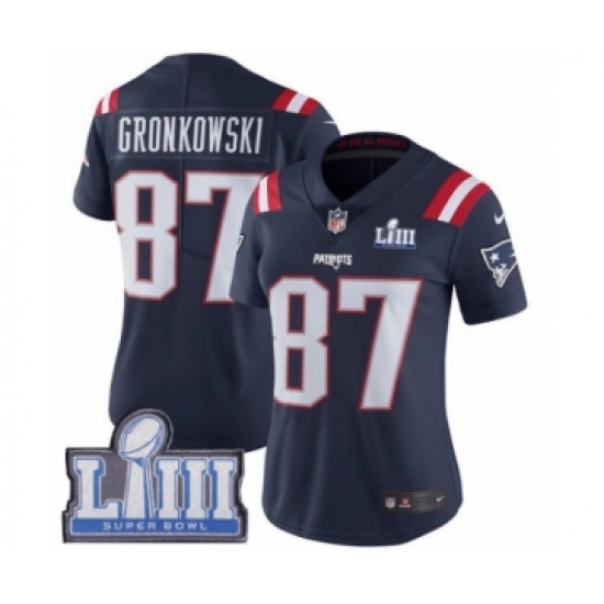 Women's Nike New England Patriots 87 Rob Gronkowski Limited Navy Blue Rush Vapor Untouchable Super Bowl LIII Bound NFL Jersey