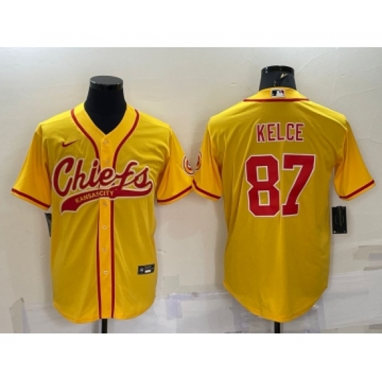 Men's Kansas City Chiefs 87 Travis Kelce Gold With Patch Cool Base Stitched Baseball Jersey