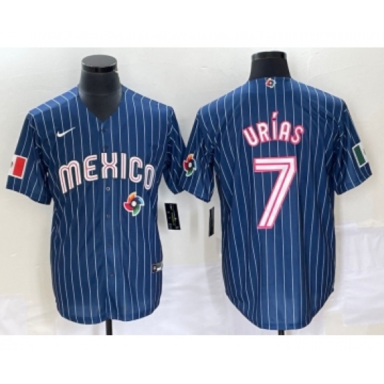 Men's Mexico Baseball 7 Julio Urias Navy Blue Pinstripe 2020 World Series Cool Base Nike Jersey 1