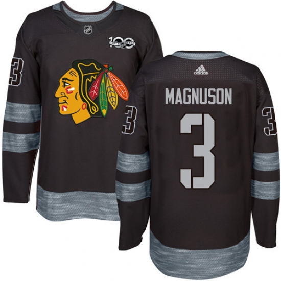 Men's Adidas Chicago Blackhawks 3 Keith Magnuson Authentic Black 1917-2017 100th Anniversary NHL Jersey