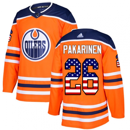 Men's Adidas Edmonton Oilers 26 Iiro Pakarinen Authentic Orange USA Flag Fashion NHL Jersey